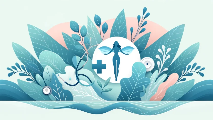 An informative and serene banner depicting women's health for a blog post titled 'Common Reasons to See a Gynecologist You Need to Know,' featuring gentle blues and greens, a medical cross, a stethoscope, and a stylized female figure, symbolizing empowerment and care in gynecological services.