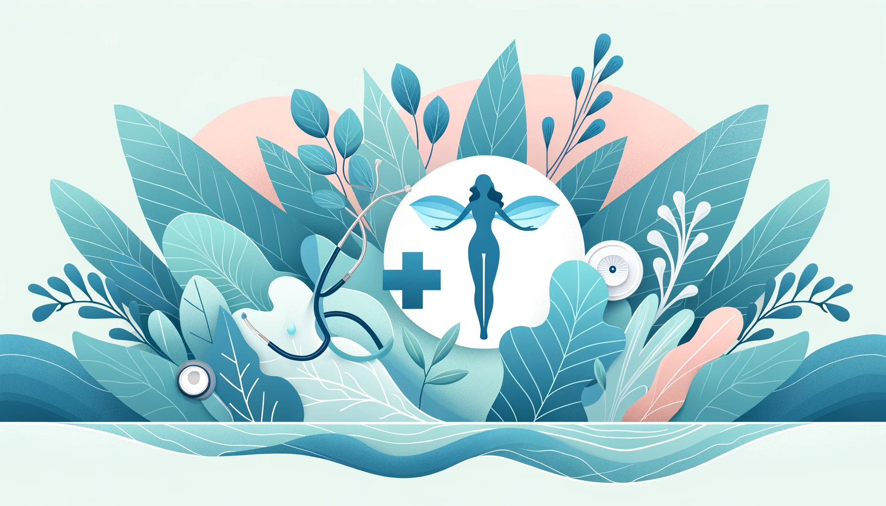 An informative and serene banner depicting women's health for a blog post titled 'Common Reasons to See a Gynecologist You Need to Know,' featuring gentle blues and greens, a medical cross, a stethoscope, and a stylized female figure, symbolizing empowerment and care in gynecological services.