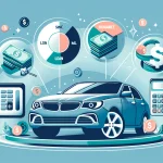 An illustrated graphic depicting key financial considerations for car purchasing, featuring a modern blue car surrounded by icons representing a loan, insurance, and savings. Pie charts, stacks of cash, and calculators float around the vehicle, symbolizing the budgeting and financial planning involved in buying a car.