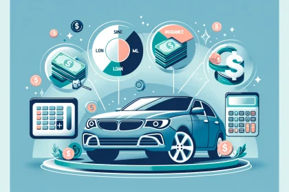 An illustrated graphic depicting key financial considerations for car purchasing, featuring a modern blue car surrounded by icons representing a loan, insurance, and savings. Pie charts, stacks of cash, and calculators float around the vehicle, symbolizing the budgeting and financial planning involved in buying a car.