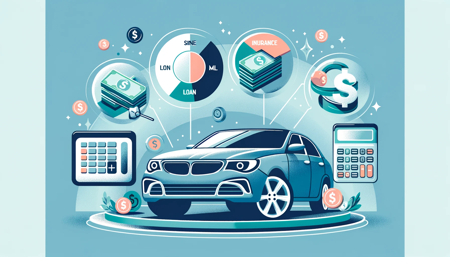 An illustrated graphic depicting key financial considerations for car purchasing, featuring a modern blue car surrounded by icons representing a loan, insurance, and savings. Pie charts, stacks of cash, and calculators float around the vehicle, symbolizing the budgeting and financial planning involved in buying a car.