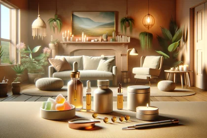 This image features a harmonious blend of indoor coziness and CBD intake methods. The inviting room is adorned with a collection of CBD products—oils, gummies, capsules, and a vape pen—arranged tastefully on a table, suggesting a variety of popular usage options. Soft lighting and plush furnishings create a tranquil atmosphere, inviting contemplation on the benefits and preferences of CBD consumption.