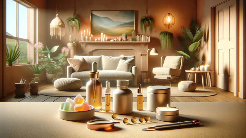 This image features a harmonious blend of indoor coziness and CBD intake methods. The inviting room is adorned with a collection of CBD products—oils, gummies, capsules, and a vape pen—arranged tastefully on a table, suggesting a variety of popular usage options. Soft lighting and plush furnishings create a tranquil atmosphere, inviting contemplation on the benefits and preferences of CBD consumption.