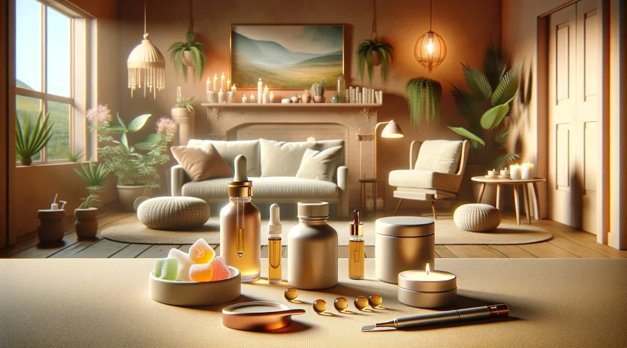 This image features a harmonious blend of indoor coziness and CBD intake methods. The inviting room is adorned with a collection of CBD products—oils, gummies, capsules, and a vape pen—arranged tastefully on a table, suggesting a variety of popular usage options. Soft lighting and plush furnishings create a tranquil atmosphere, inviting contemplation on the benefits and preferences of CBD consumption.