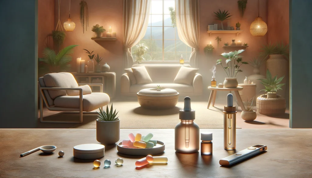 This tranquil image sets a serene stage for exploring the different forms of CBD intake. The setting sun bathes a tastefully appointed room in a warm glow, highlighting an assortment of CBD products on a wooden table. An array of gummies, capsules, oils, and a vape pen are presented as part of a relaxing lifestyle, with lush houseplants and soft furnishings complementing the peaceful ambiance.