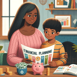 A warm and inviting illustration for a blog post, depicting a scene of financial planning for special needs children. The image should show a diverse family, including a parent (a middle-aged Black woman) and a child with special needs (a young South Asian boy), sitting together at a home setting. They are looking at a bright, colorful, and easy-to-understand financial planning chart. The chart should have simple graphics like piggy banks, dollar signs, and safety nets, symbolizing savings, investments, and security. The background is cozy, with a bookshelf filled with various books and a plant, creating a nurturing and positive environment. .