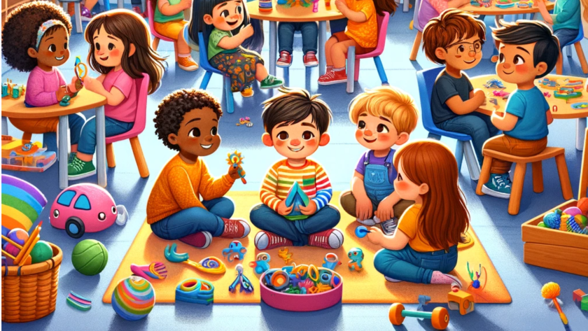 A heartwarming, colorful illustration depicting a diverse group of children, both neurotypical and neurodiverse, learning and playing together in a harmonious classroom setting. The image should showcase a range of activities that symbolize inclusivity, such as sharing toys, helping each other with tasks, and engaging in group discussions. The classroom should be vibrant and welcoming, with educational posters about inclusivity and diversity on the walls. Children of various ethnicities, abilities, and backgrounds should be represented, engaging in positive interactions that reflect acceptance and understanding. The overall atmosphere of the image should be joyful and uplifting, embodying the essence of inclusivity and the importance of teaching these values to children.